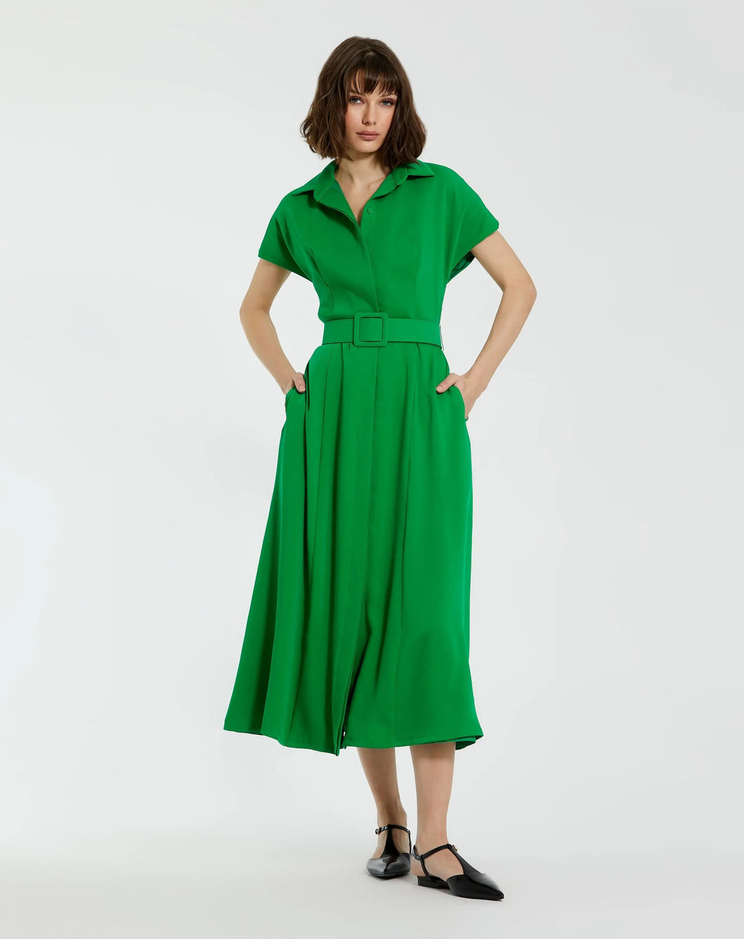 Mac Duggal 21000 Crepe Collared Short Sleeve Midi Dress With Belt