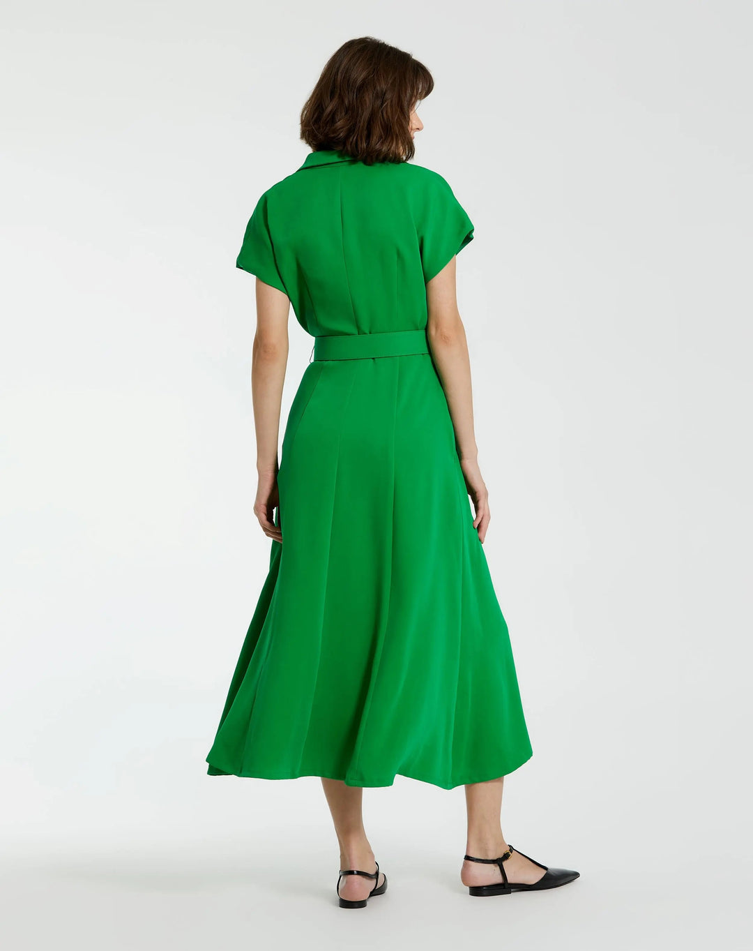 Mac Duggal 21000 Crepe Collared Short Sleeve Midi Dress With Belt