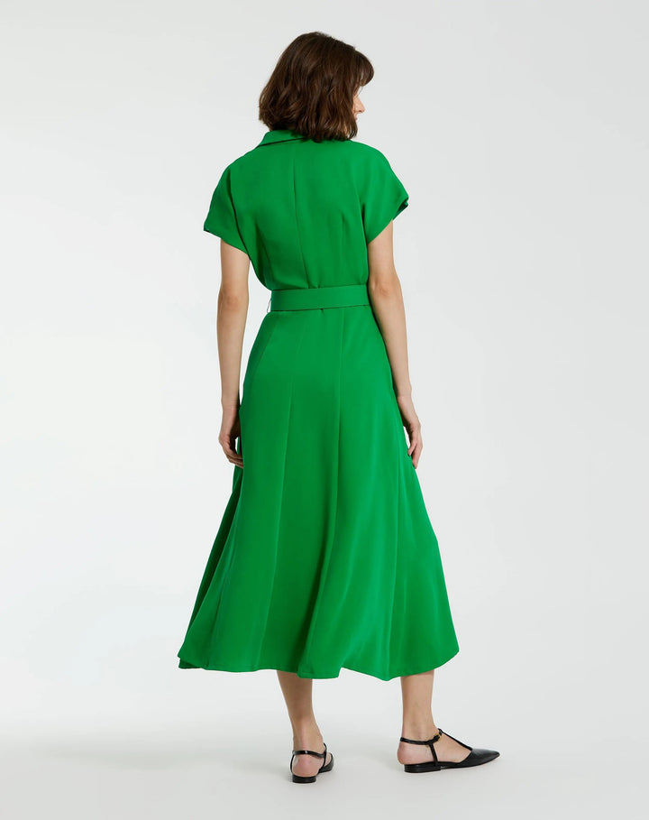 Mac Duggal 21000 Crepe Collared Short Sleeve Midi Dress With Belt
