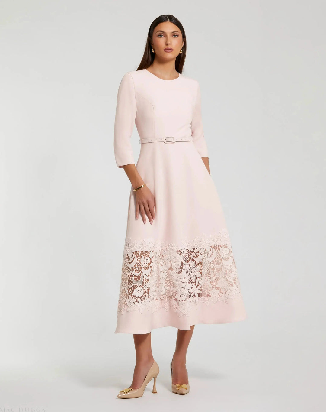 Mac Duggal 21001 Crepe Boat Neck Midi Dress With Applique Cut Out