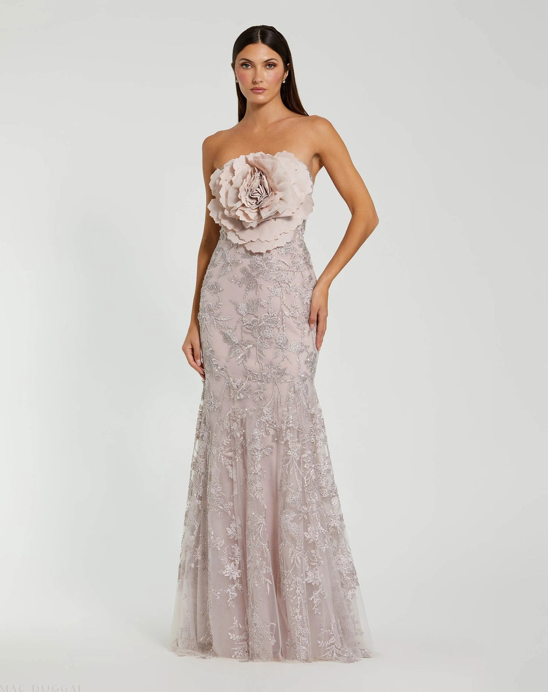 Mac Duggal 21036 Strapless Lace Embellished Trumpet Gown With 3D Flower