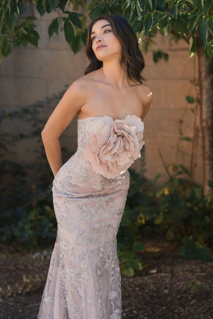 Mac Duggal 21036 Strapless Lace Embellished Trumpet Gown With 3D Flower