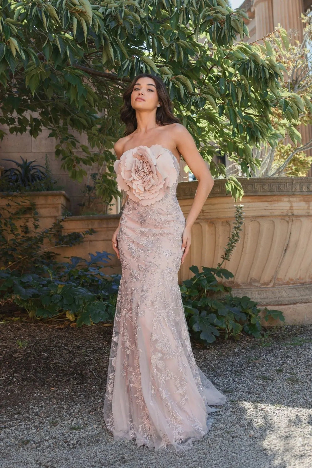 Mac Duggal 21036 Strapless Lace Embellished Trumpet Gown With 3D Flower