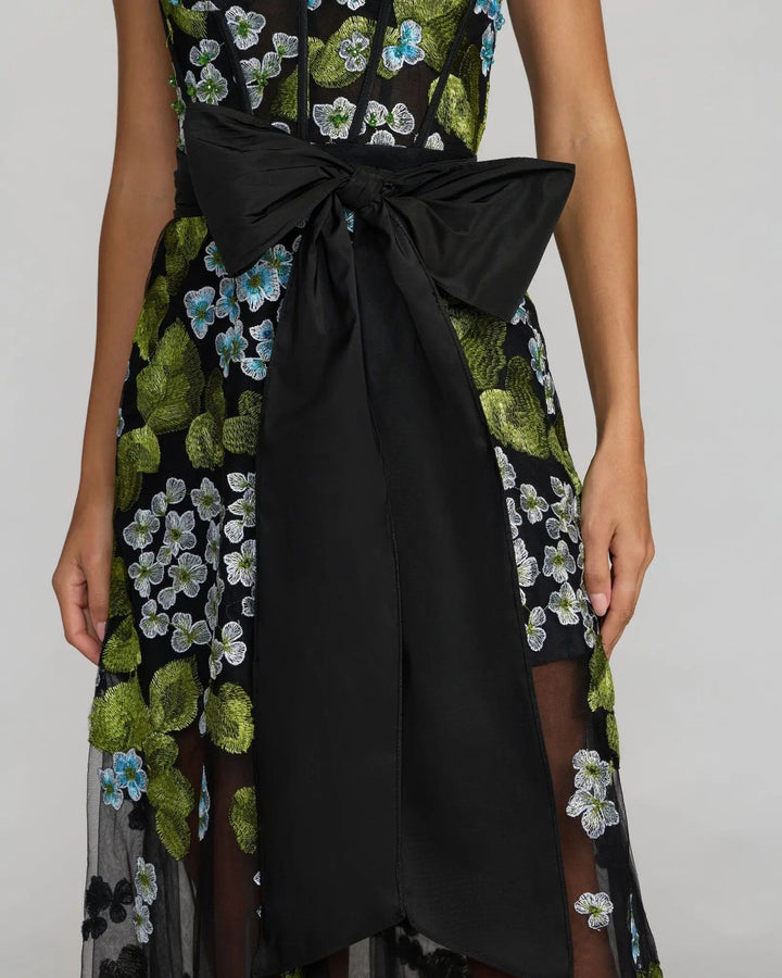Mac Duggal FITTED Black Floral Embroidered Corset Gown With Bow