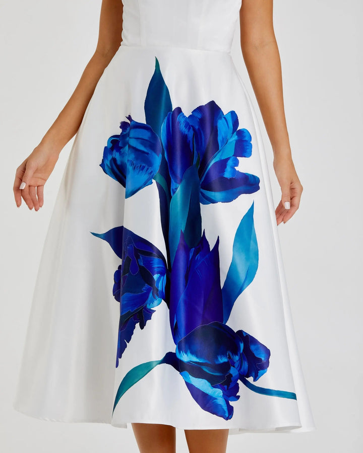 White Strapless Satin Midi Dress With Flower Print - FOSTANI.com
