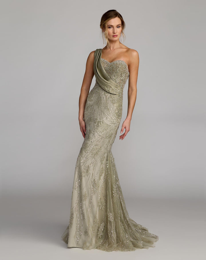 Mac Duggal 21089 Beaded One Shoulder Draped Mermaid Gown