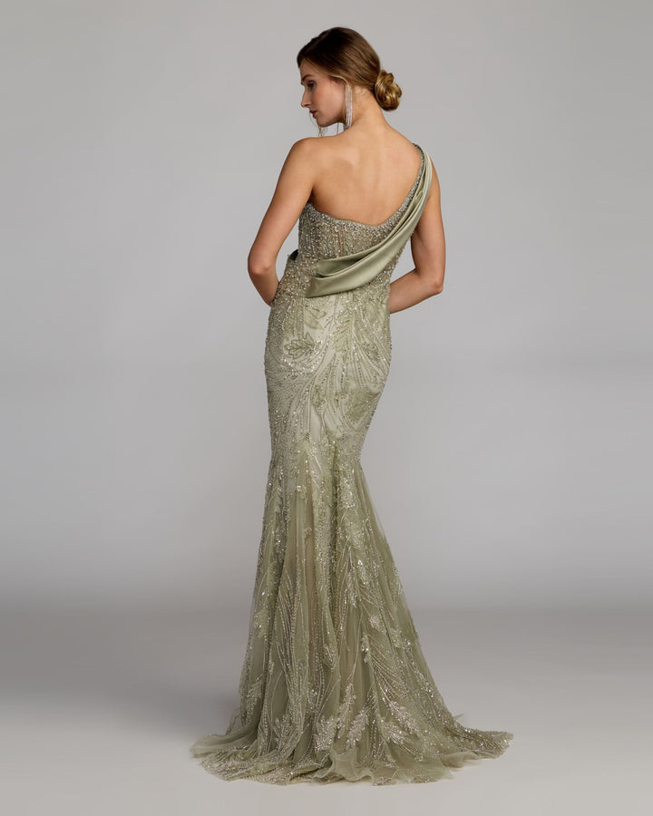 Mac Duggal 21089 Beaded One Shoulder Draped Mermaid Gown