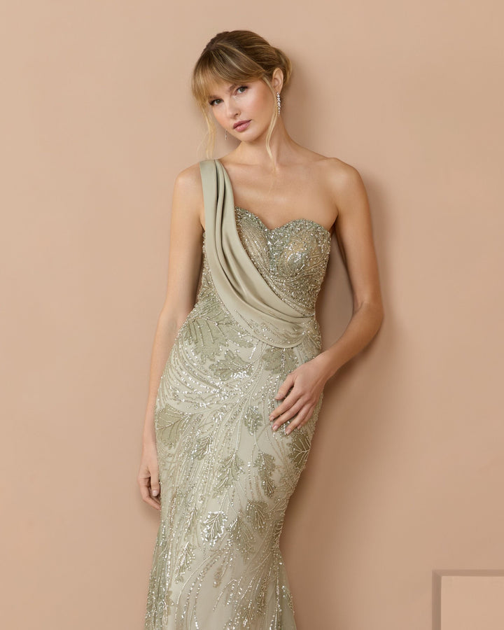 Mac Duggal 21089 Beaded One Shoulder Draped Mermaid Gown