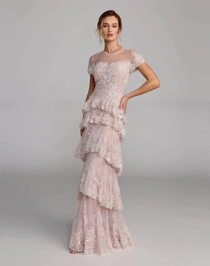 Mac Duggal 21097 Embellished High Neck Dress With Tiered Ruffle Skirt