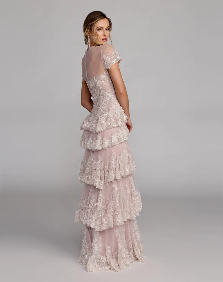 Mac Duggal 21097 Embellished High Neck Dress With Tiered Ruffle Skirt