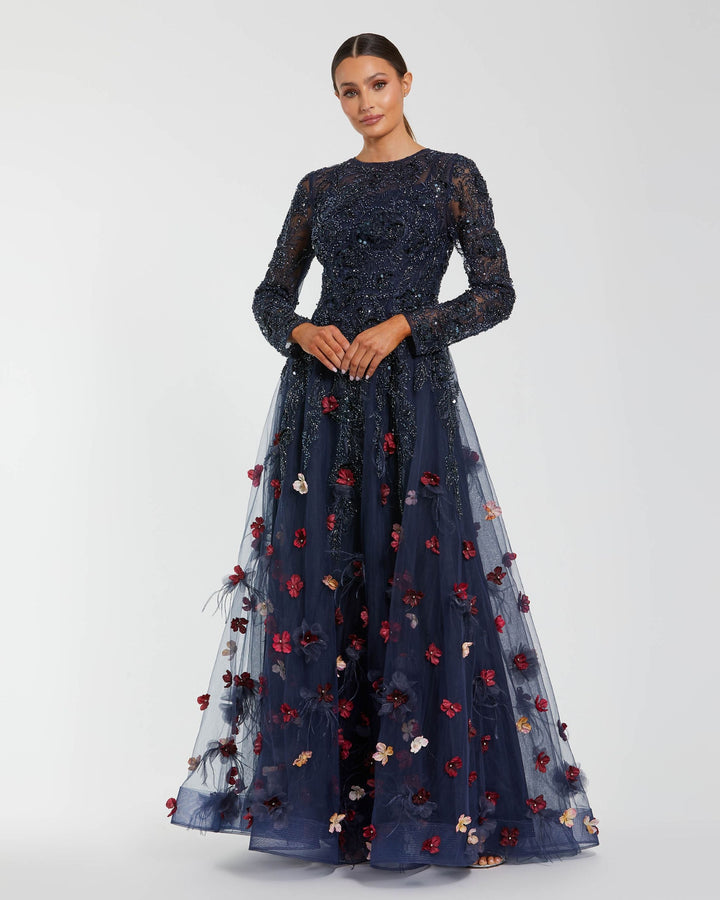 Mac Duggal 21148 Beaded Floral A-Line Gown With Feathers