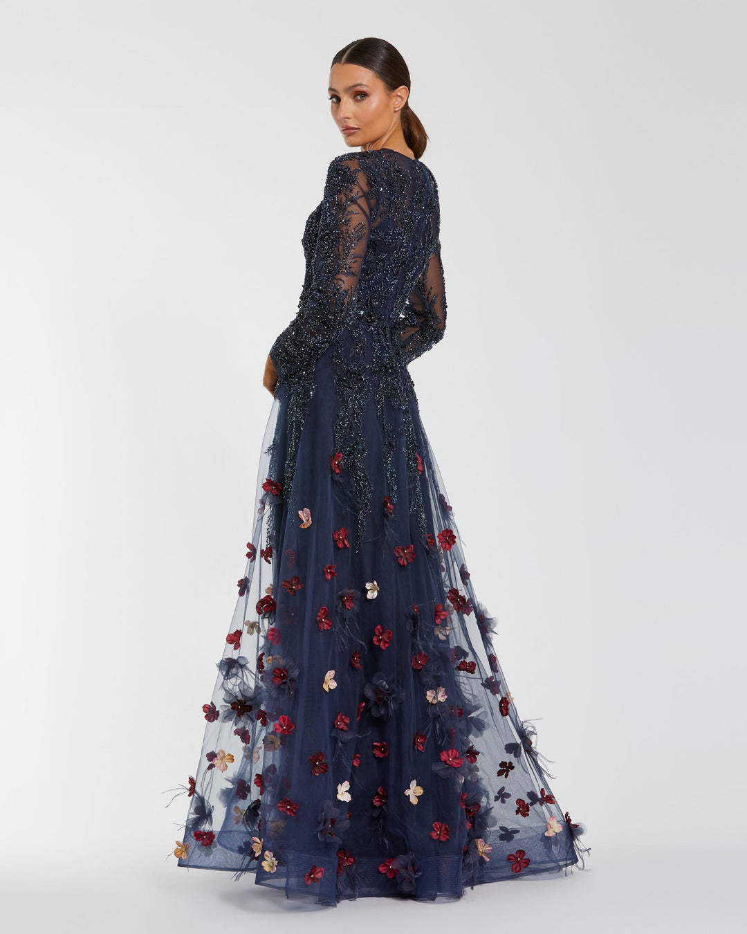 Mac Duggal 21148 Beaded Floral A-Line Gown With Feathers