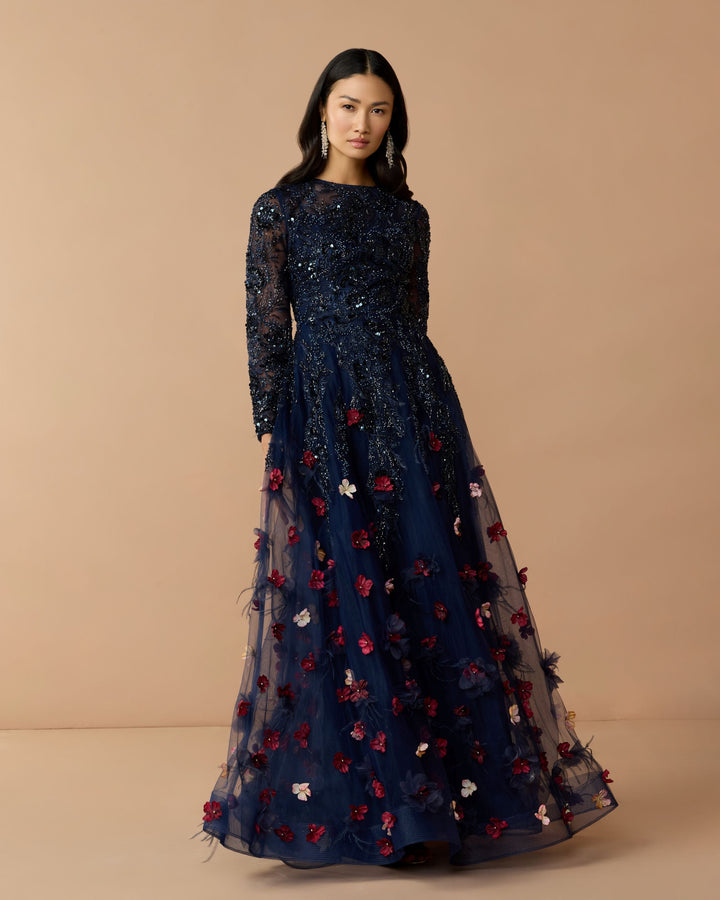 Mac Duggal 21148 Beaded Floral A-Line Gown With Feathers