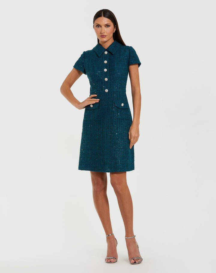 Mac Duggal 21168 Short Sleeve Collared Boucle Mini Dress