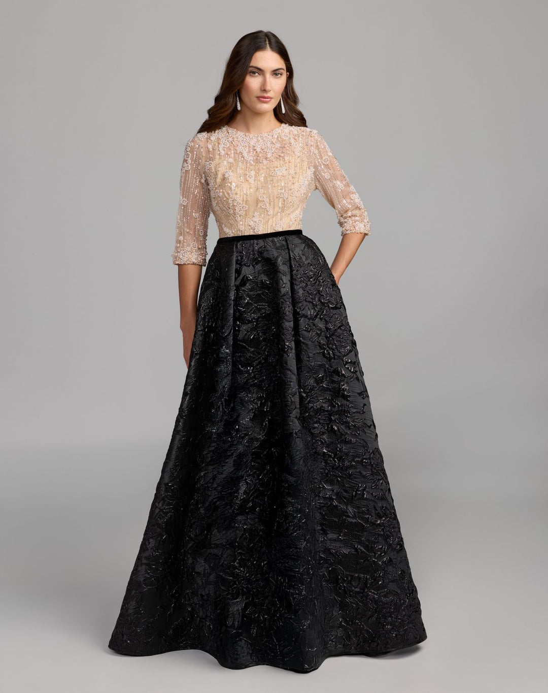 Mac Duggal 21180 Embellished Brocade Gown With 3/4 Sleeves