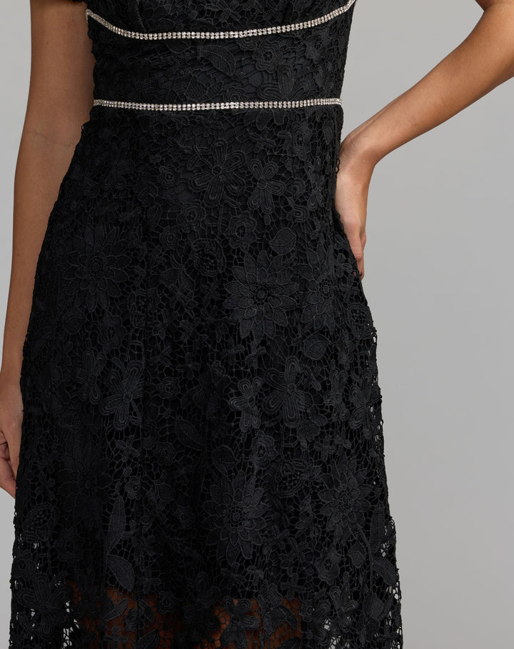 Mac Duggal 21208 Short Sleeve Lace Midi Dress With Rhinestone Trim
