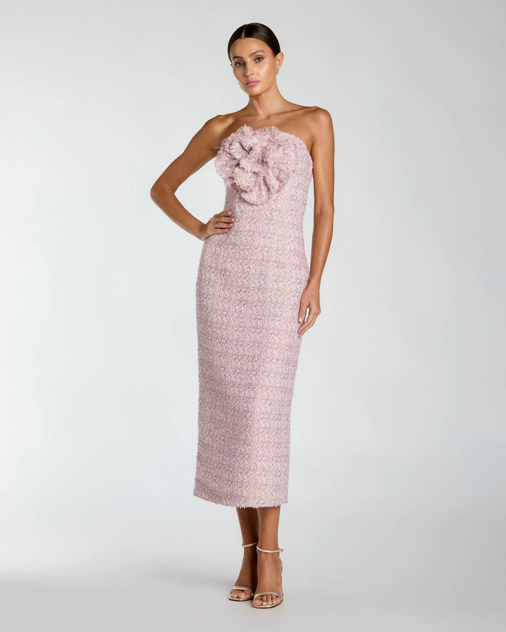 Pink Strapless Boucle Midi Dress With 3D Flower - FOSTANI.com