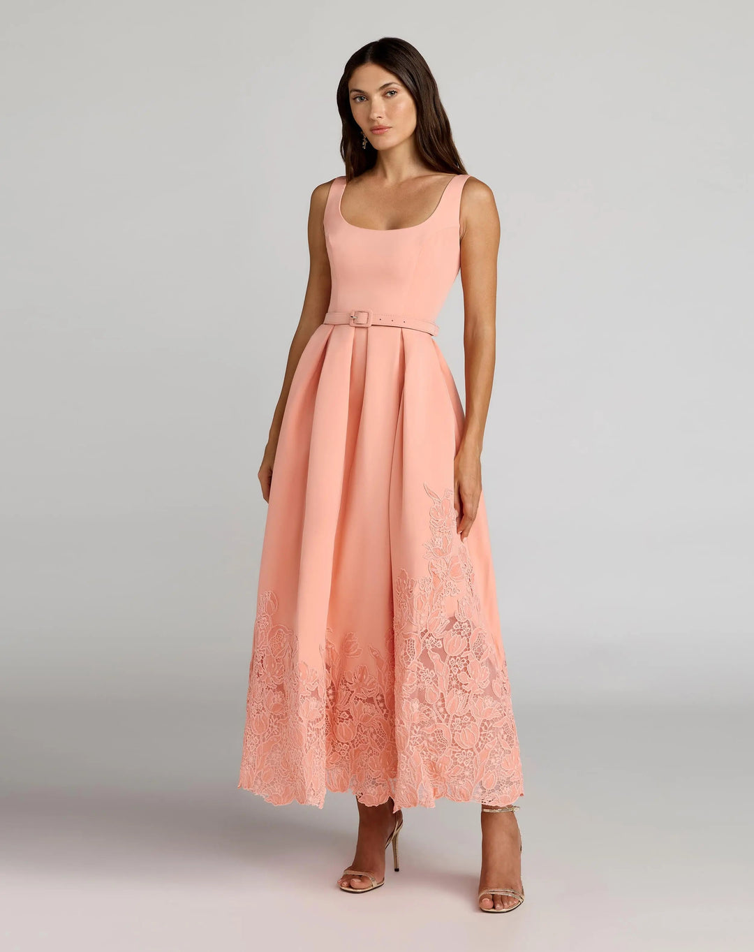 Peach Lace Hem Belted Midi Dress - FOSTANI.com
