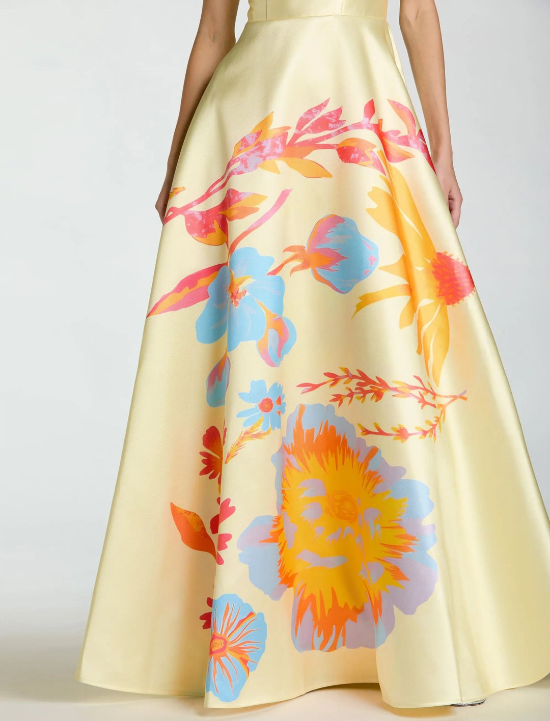 Yellow Strapless Mikado Ball Gown With Floral Print - FOSTANI.com