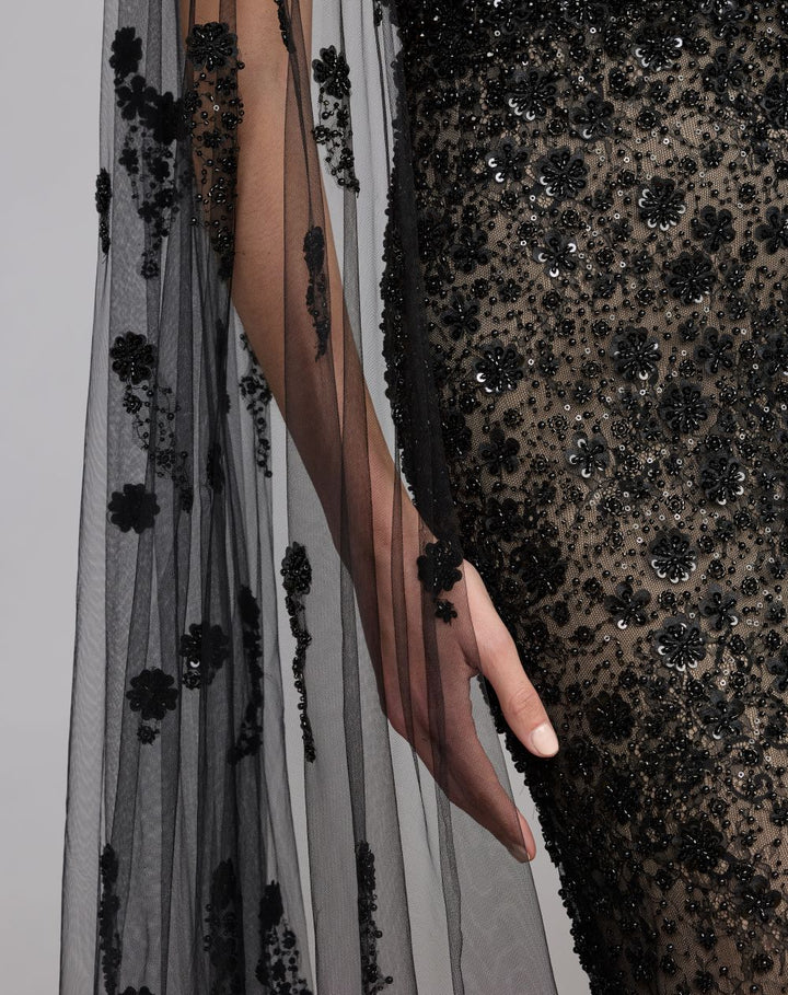 Mac Duggal 21269 Embellished Lace One Shoulder Gown With Cape Sleeve