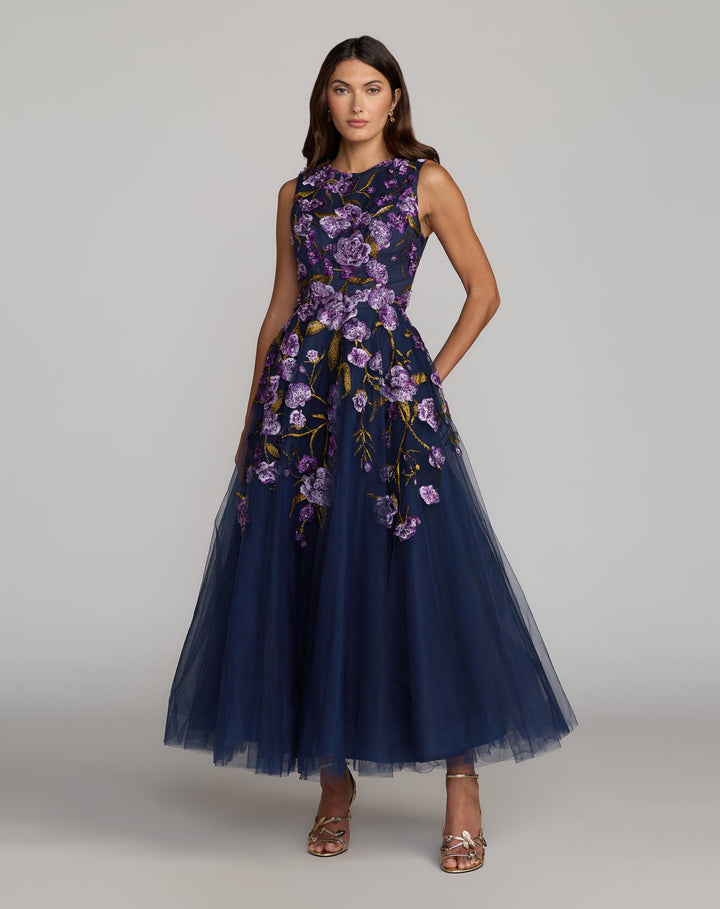 Mac Duggal 21358 Embroidered Sleeveless A-Line Midi Dress