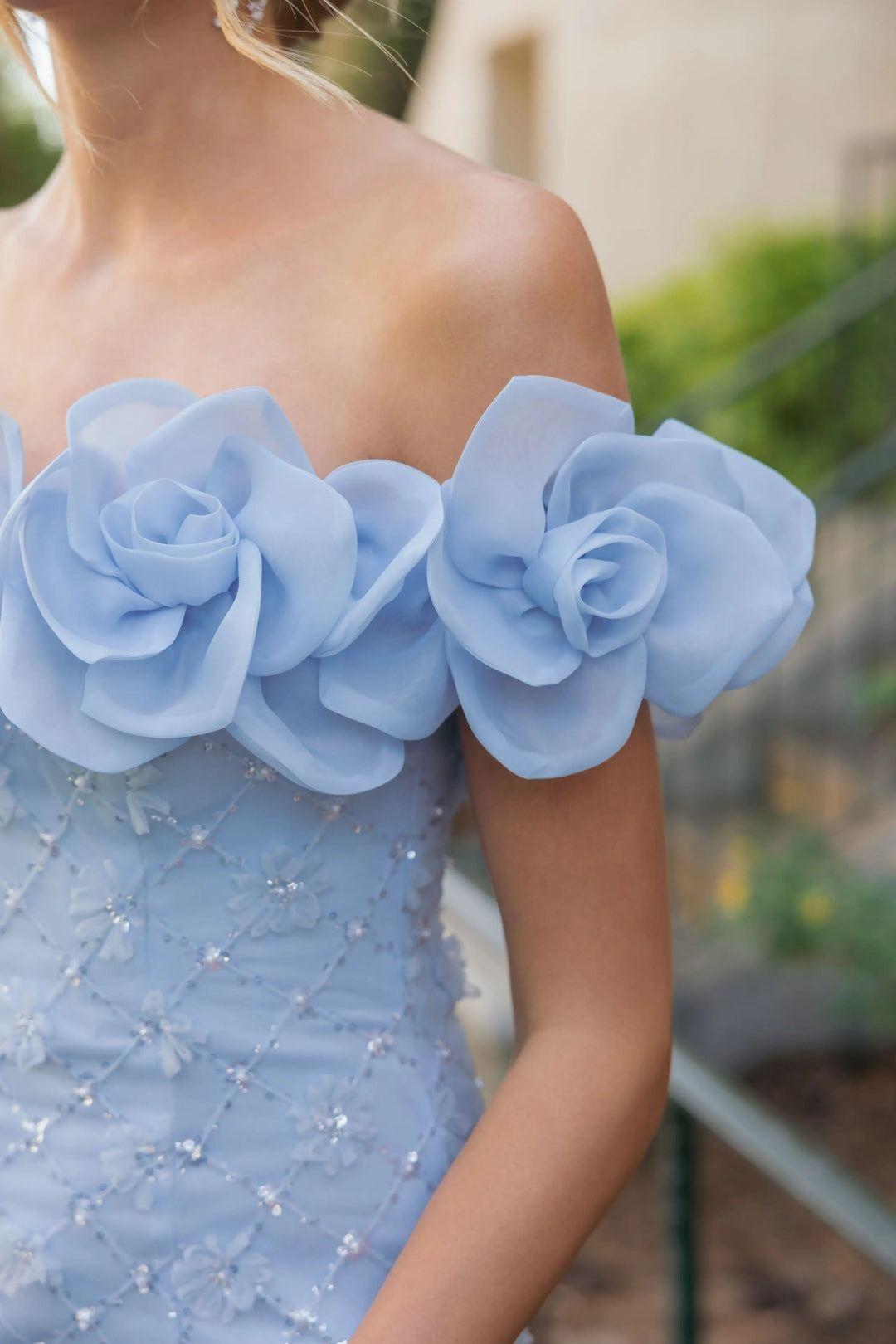 Blue Off The Shoulder Embellished Dress With 3D Flower Detail - FOSTANI.com