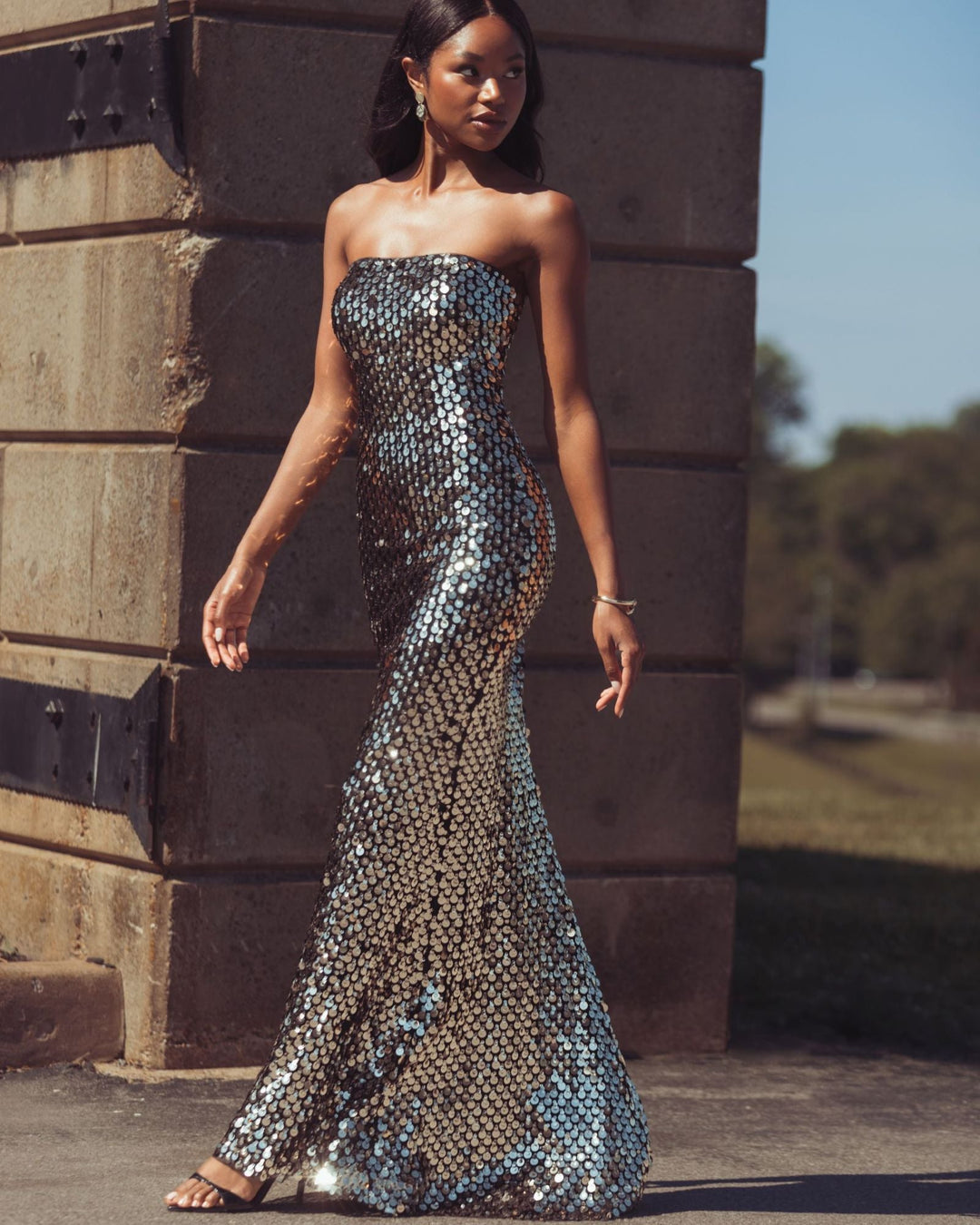 Mac Duggal 21393 Strapless Paillette Sequin Column Gown