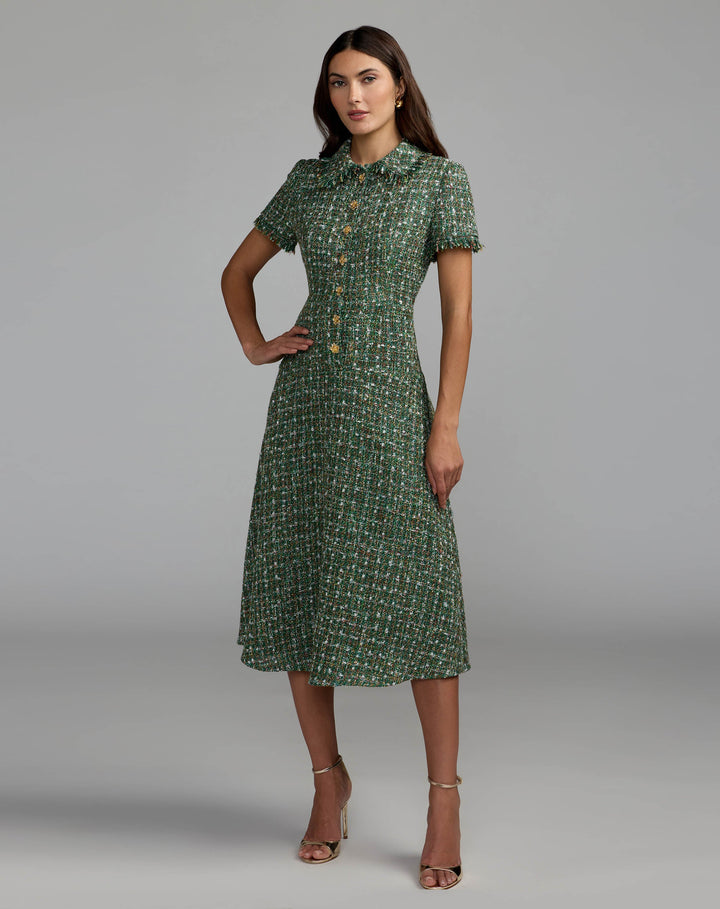 Mac Duggal 21420 Boucle Short Sleeve Button Up Midi Dress