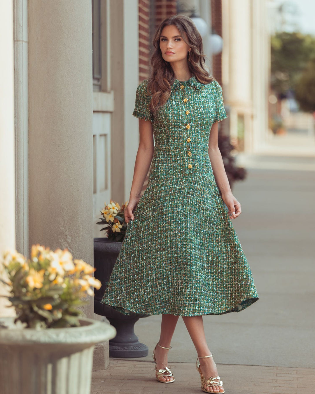 Mac Duggal 21420 Boucle Short Sleeve Button Up Midi Dress