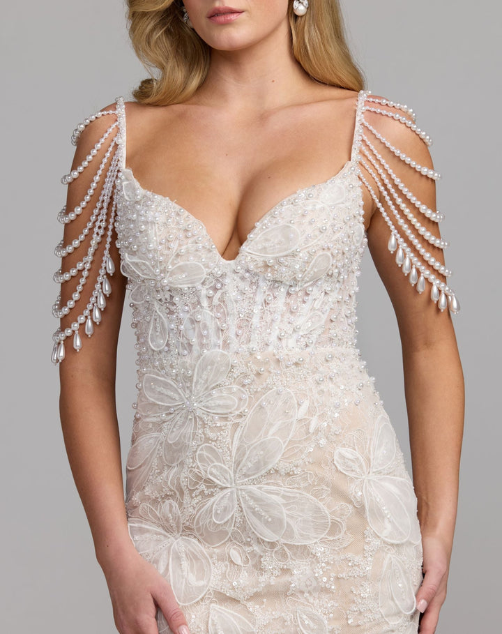 Mac Duggal 21487 Floral Lace Mermaid Gown With Draped Beading