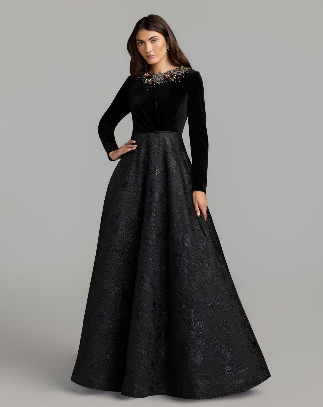 Mac Duggal 21525 Embellished Long Sleeve Brocade Ball Gown