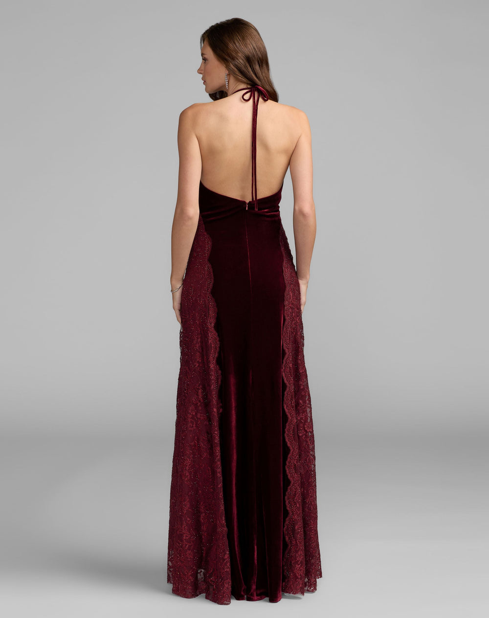 Mac Duggal 21576 Velvet and Lace Halter Column Gown