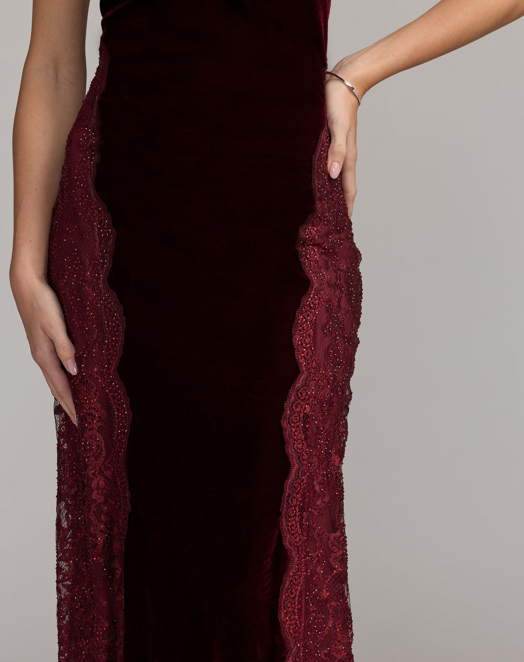 Mac Duggal 21576 Velvet and Lace Halter Column Gown