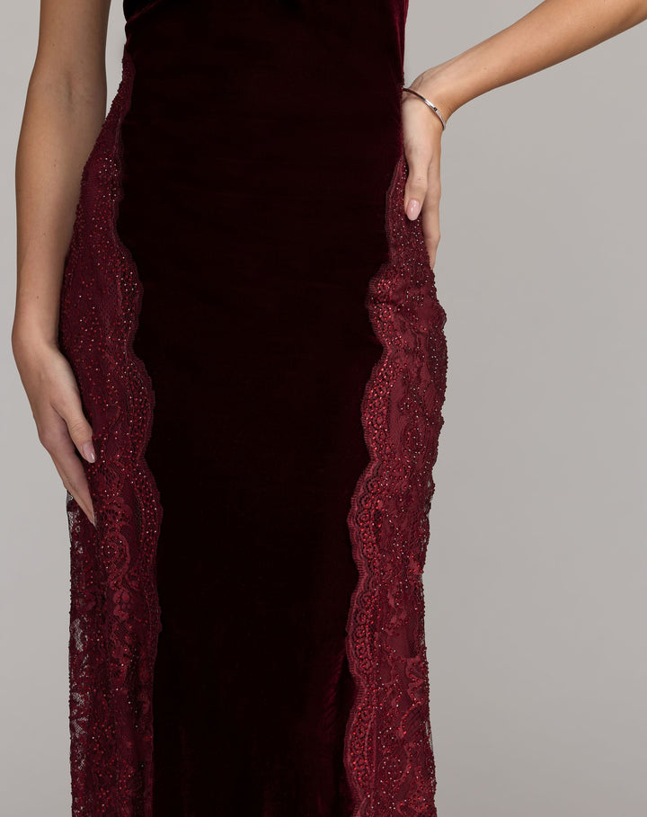 Mac Duggal 21576 Velvet and Lace Halter Column Gown
