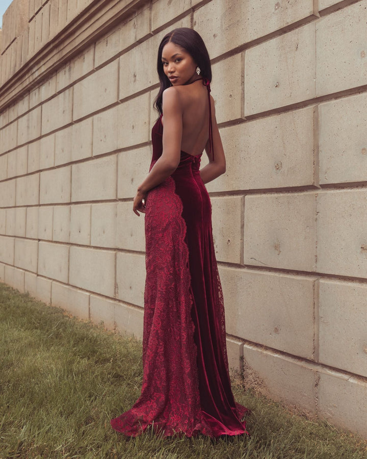 Mac Duggal 21576 Velvet and Lace Halter Column Gown