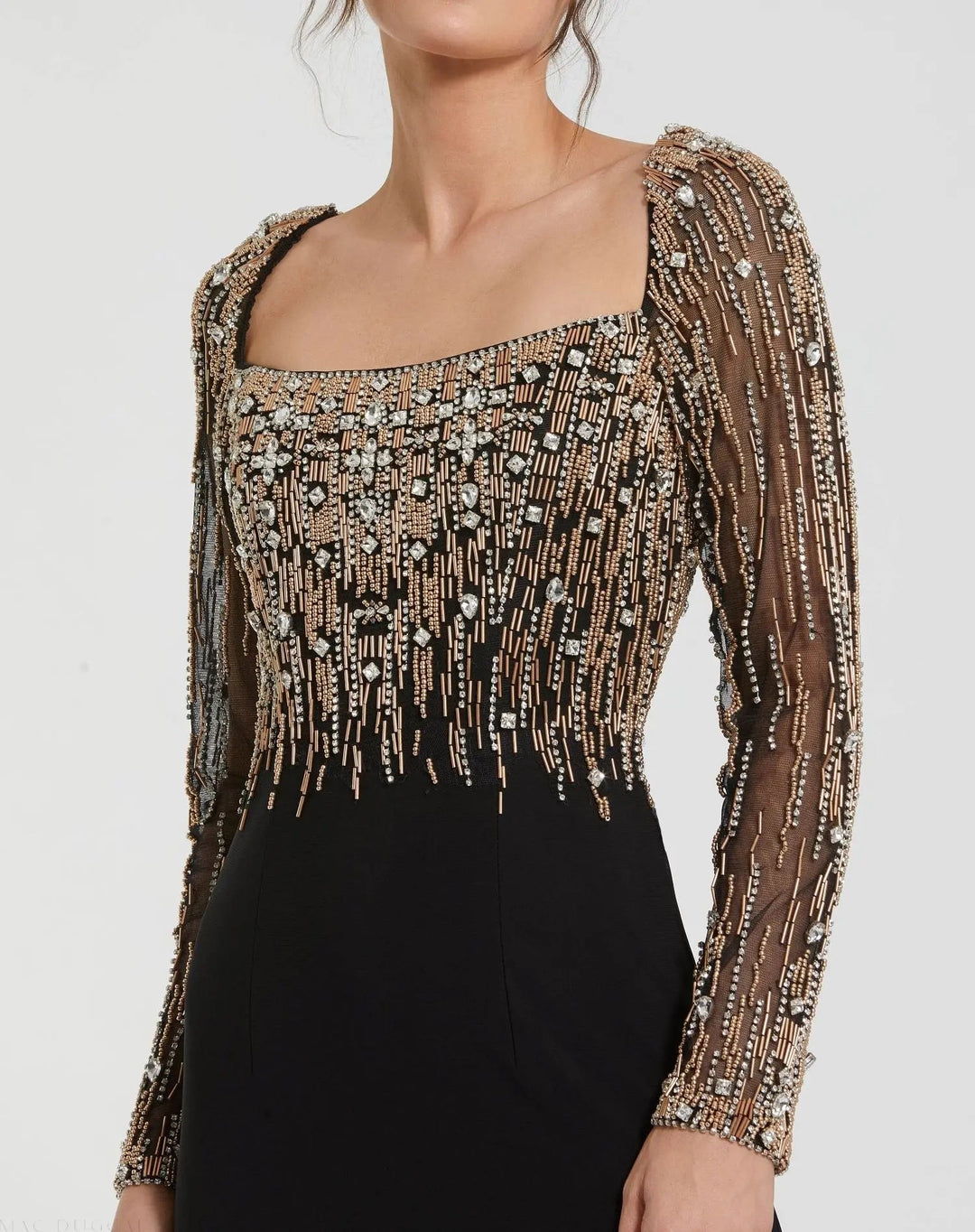 Mac Duggal 2256 Beaded Square Neck Long Sleeve Jersey Gown