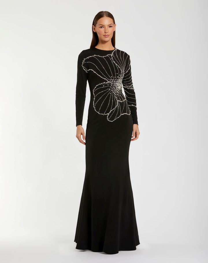 Mac Duggal 2282 Long Sleeve Jersey Gown With Beaded Flower