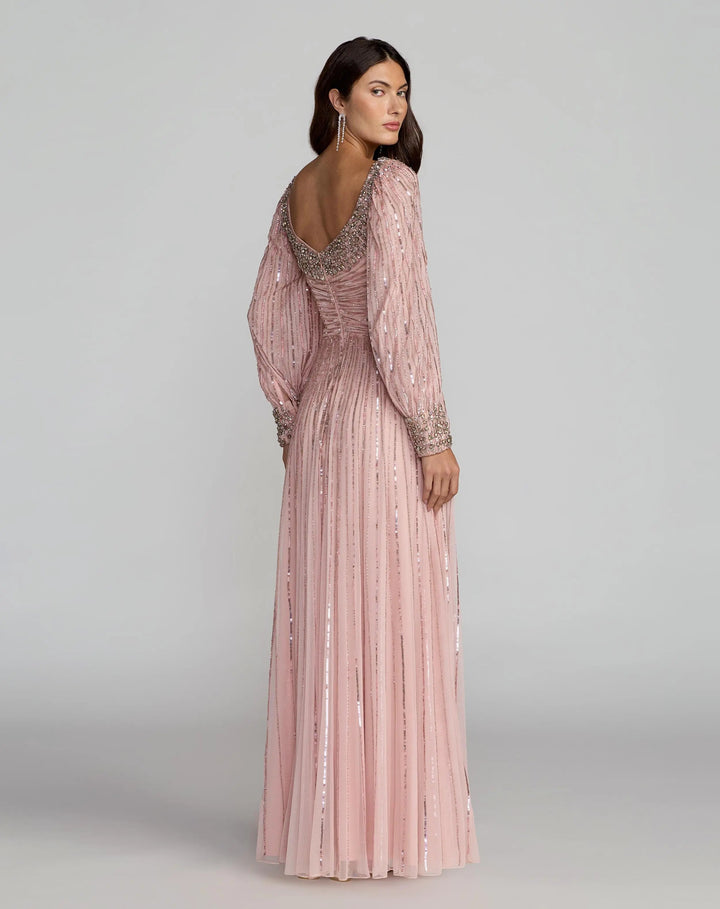 Mac Duggal 23085 Embellished Long Sleeve Scoop Neck A-Line Gown