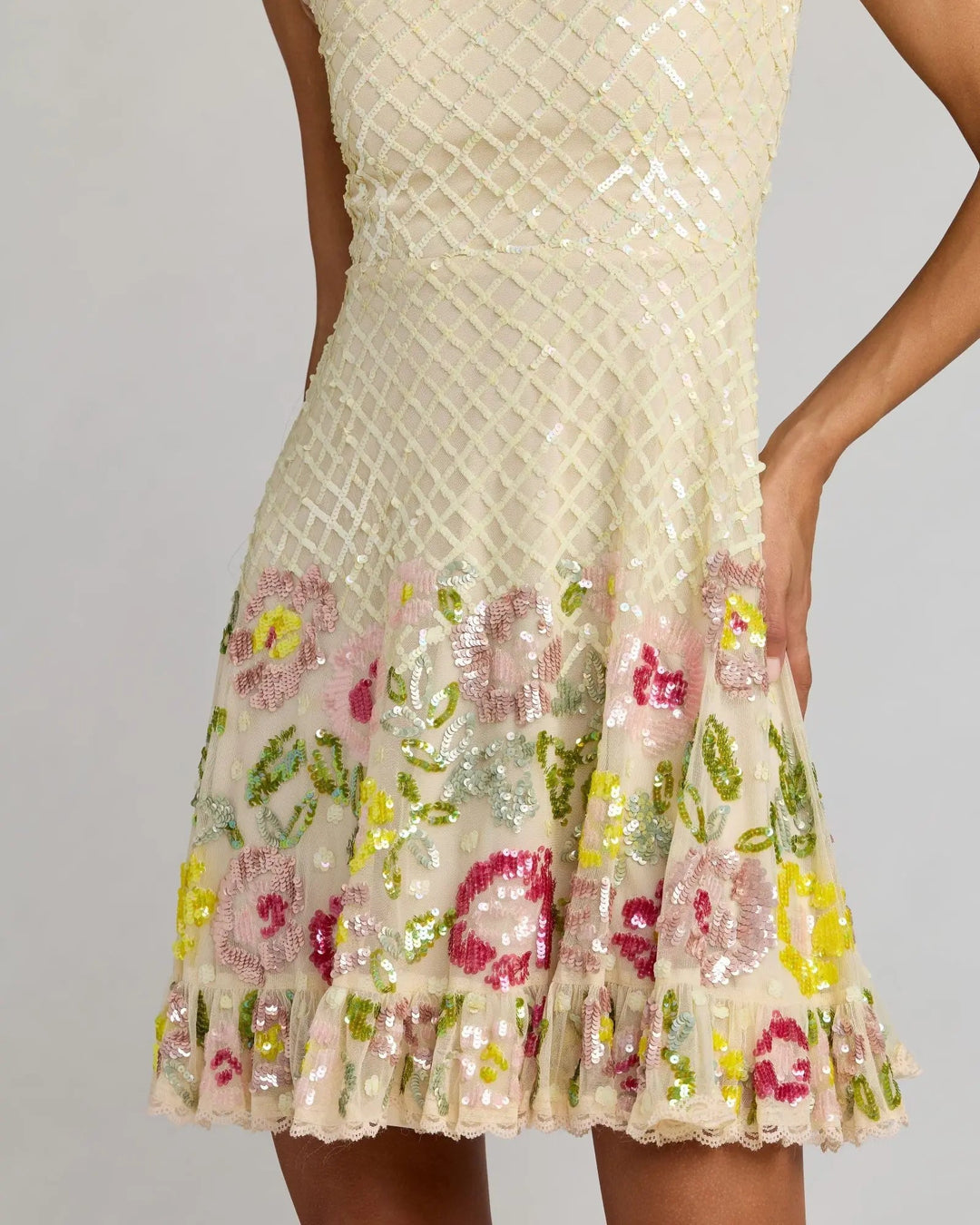 Ivory Floral Sequin Square Neck Mini Dress - FOSTANI.com
