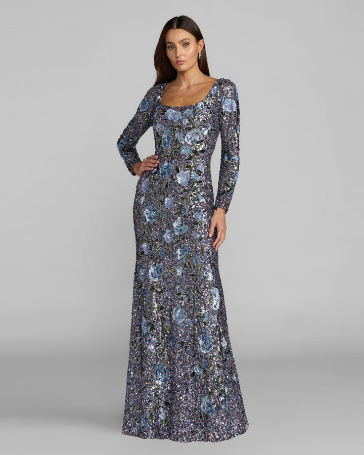 Mac Duggal 23103 Floral Sequin Long Sleeve Gown