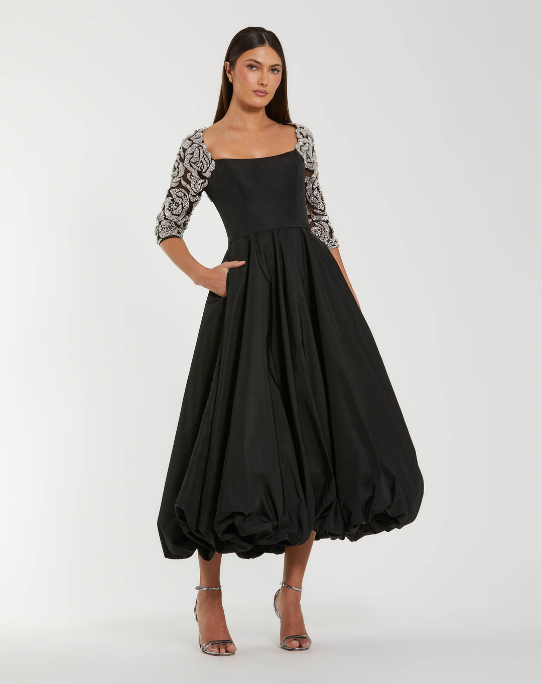 Mac Duggal 2320 Bubble Hem Midi Dress With Embellished Sleeves