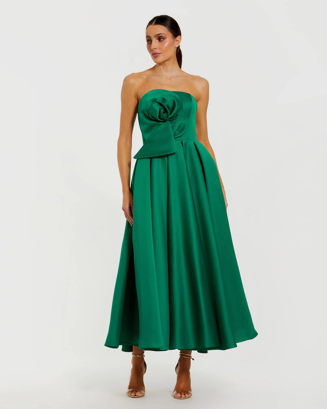 Mac Duggal 2330 Strapless Satin A Line Midi Dress With 3D Flower