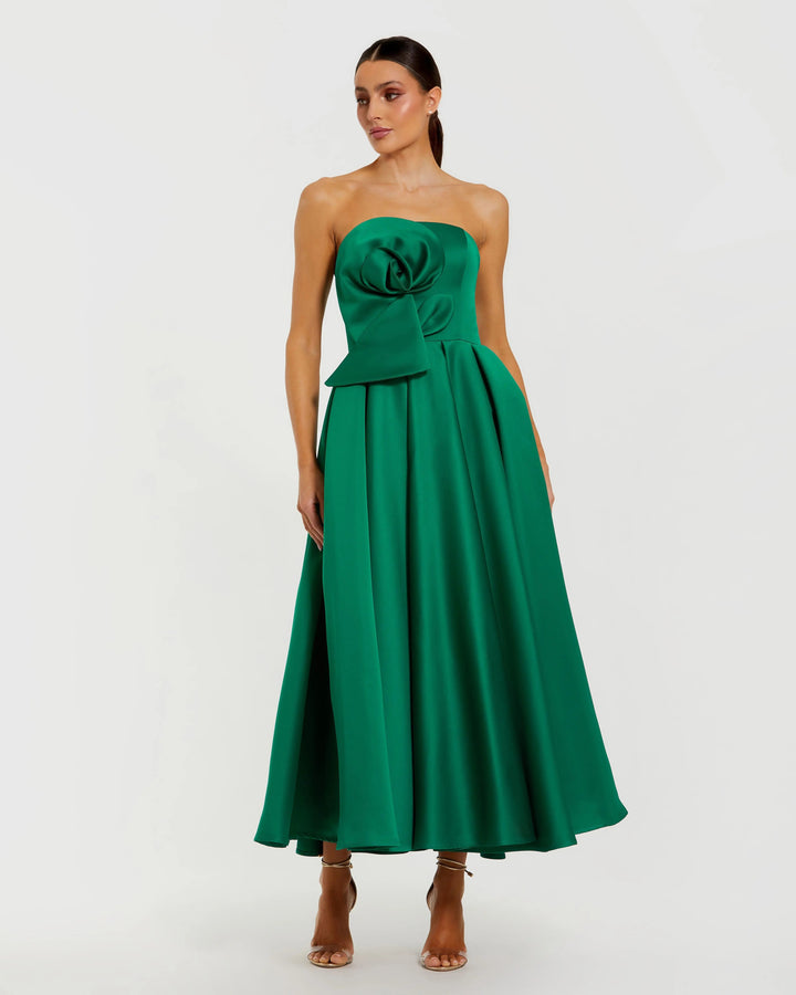 Mac Duggal 2330 Strapless Satin A Line Midi Dress With 3D Flower