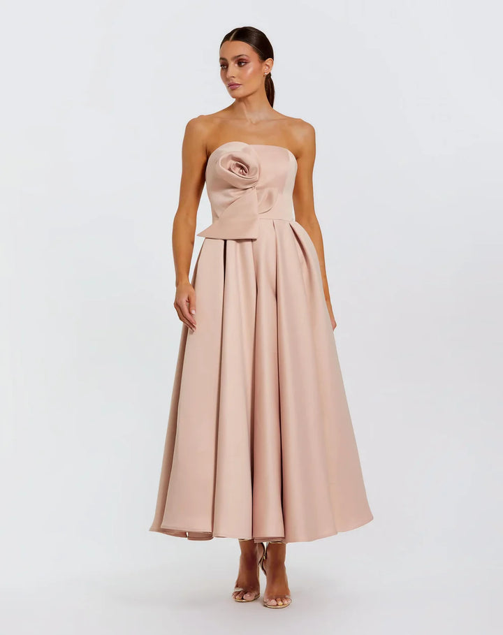 Mac Duggal 2330 Strapless Satin A Line Midi Dress With 3D Flower