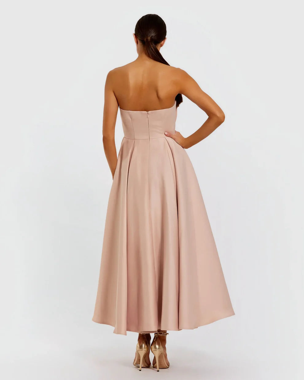 Mac Duggal 2330 Strapless Satin A Line Midi Dress With 3D Flower
