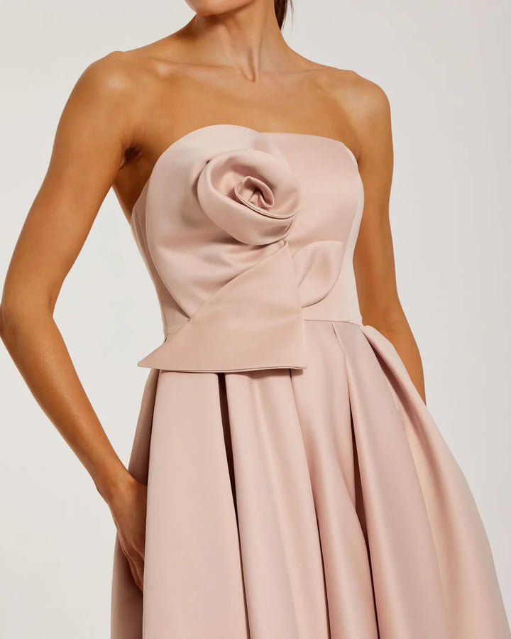 Mac Duggal 2330 Strapless Satin A Line Midi Dress With 3D Flower