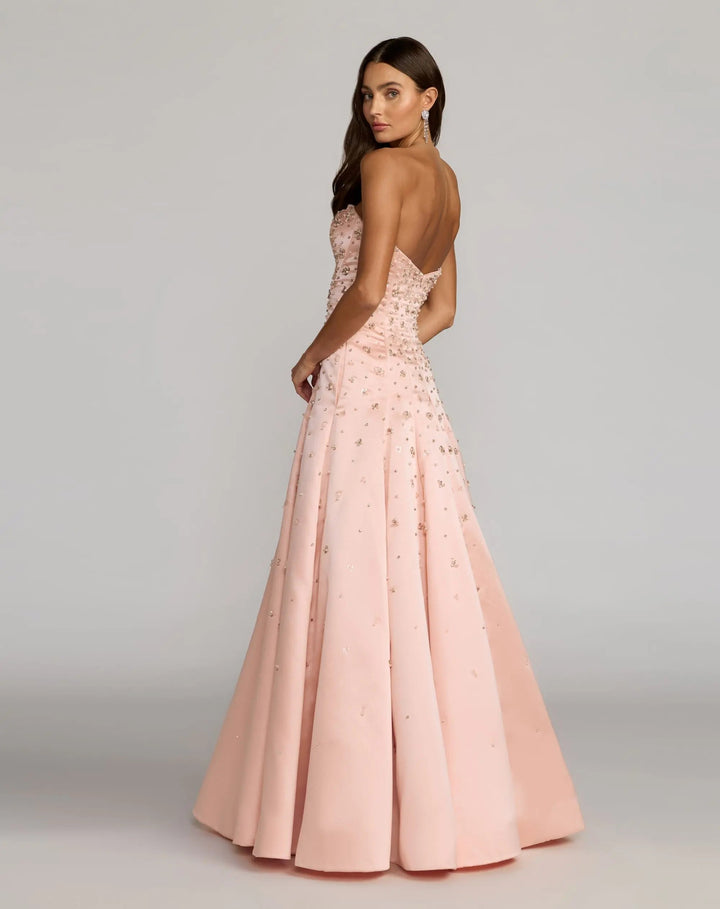 Pink Strapless Embellished Satin Ball Gown With Pockets - FOSTANI.com