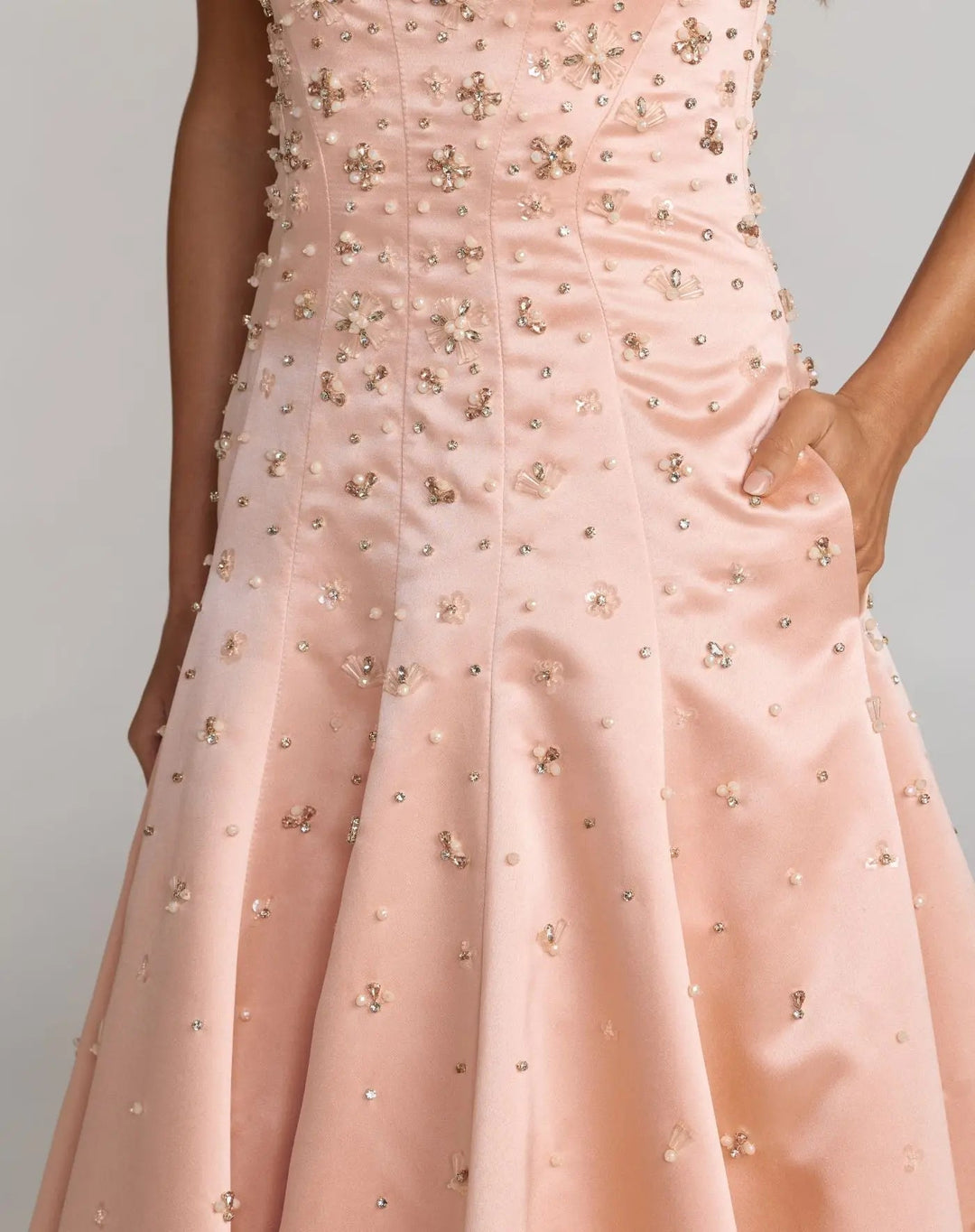 Pink Strapless Embellished Satin Ball Gown With Pockets - FOSTANI.com