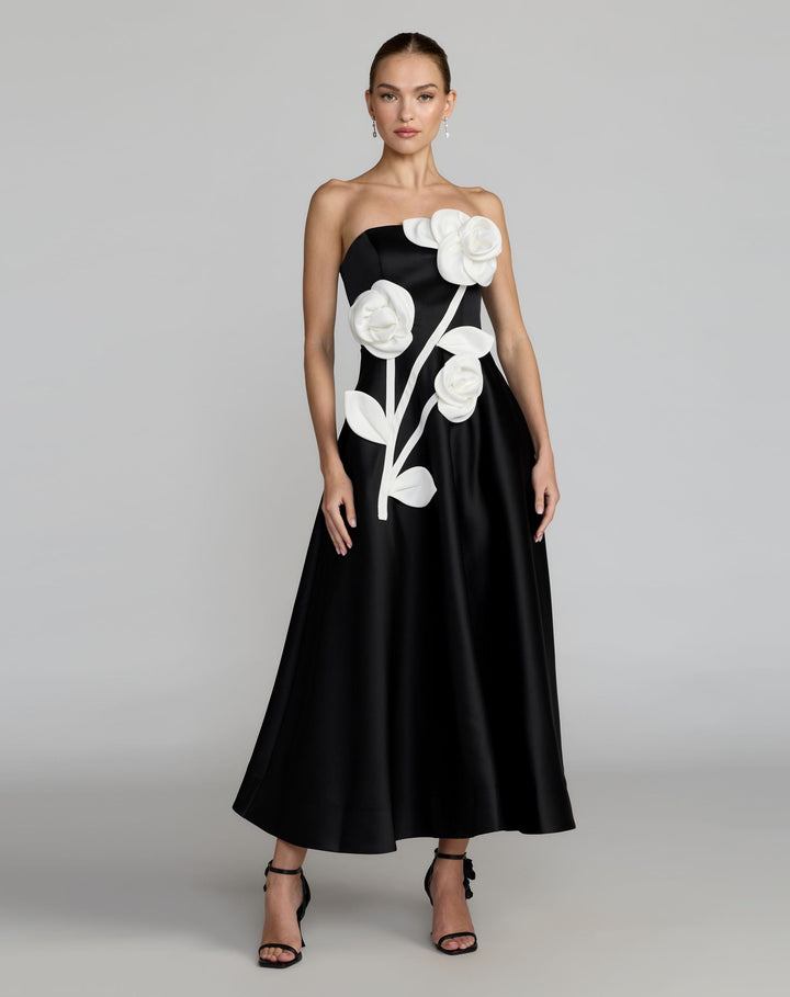 Mac Duggal 2362 Strapless Satin A-Line Dress With 3D Flowers
