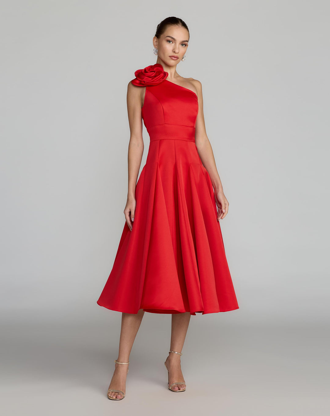 Mac Duggal 2364 One Shoulder Satin Midi Dress With 3D Flower